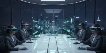 Business professionals analyzing VR app performance data in a futuristic meeting room.
