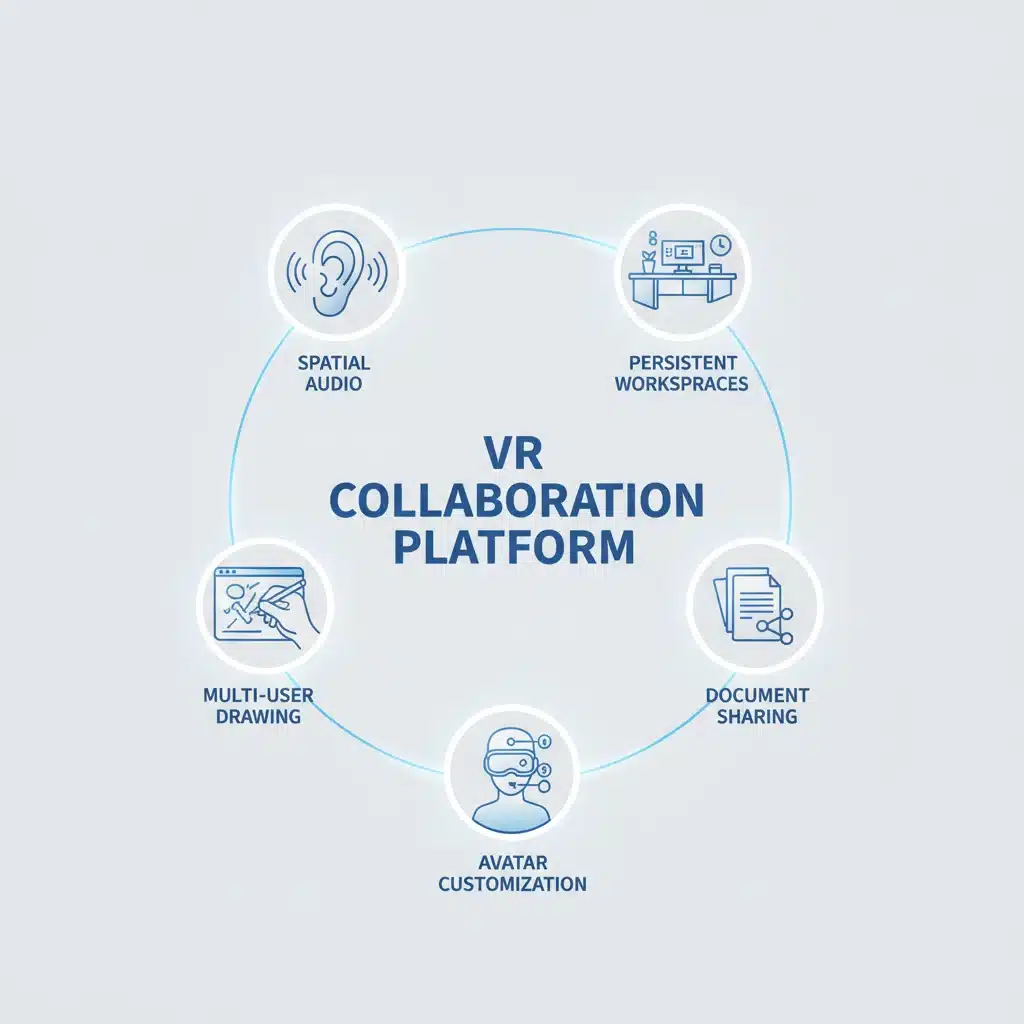 Infographic showing key features of VR collaboration platforms.