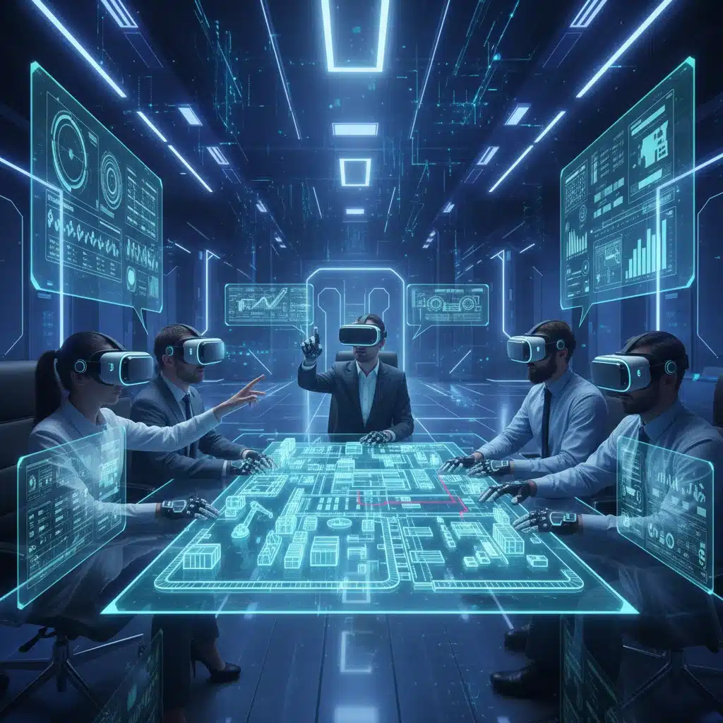 Engineers collaborating in VR to design and optimize a manufacturing facility layout