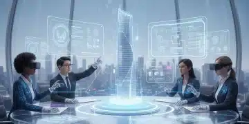 VR avatars collaborating in a virtual meeting room with 3D models and holographic interfaces.