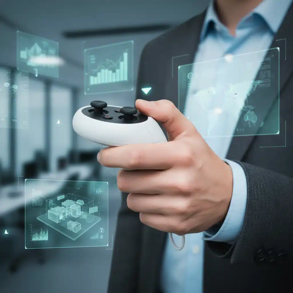 User's hand demonstrating natural grip on a VR controller in a professional context.