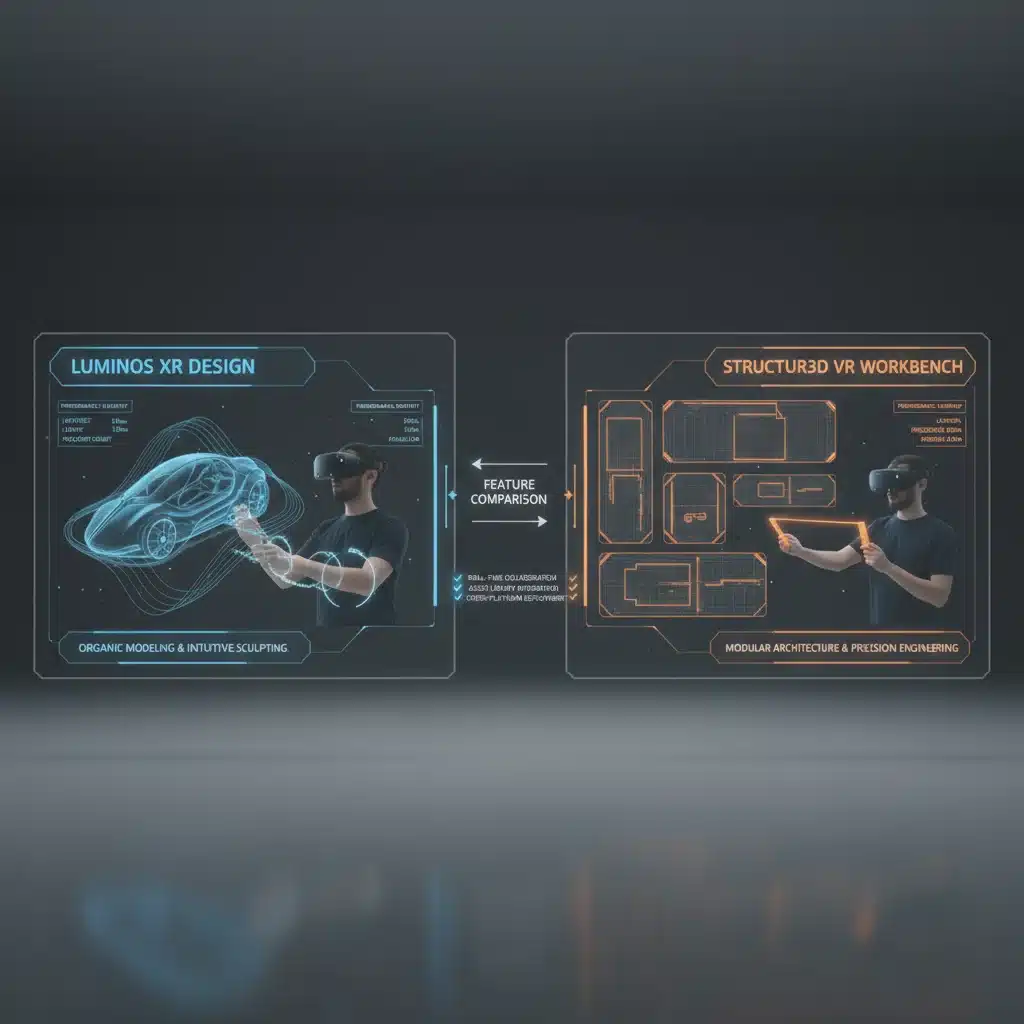 Comparative interface of two leading VR design tools highlighting features and performance metrics.