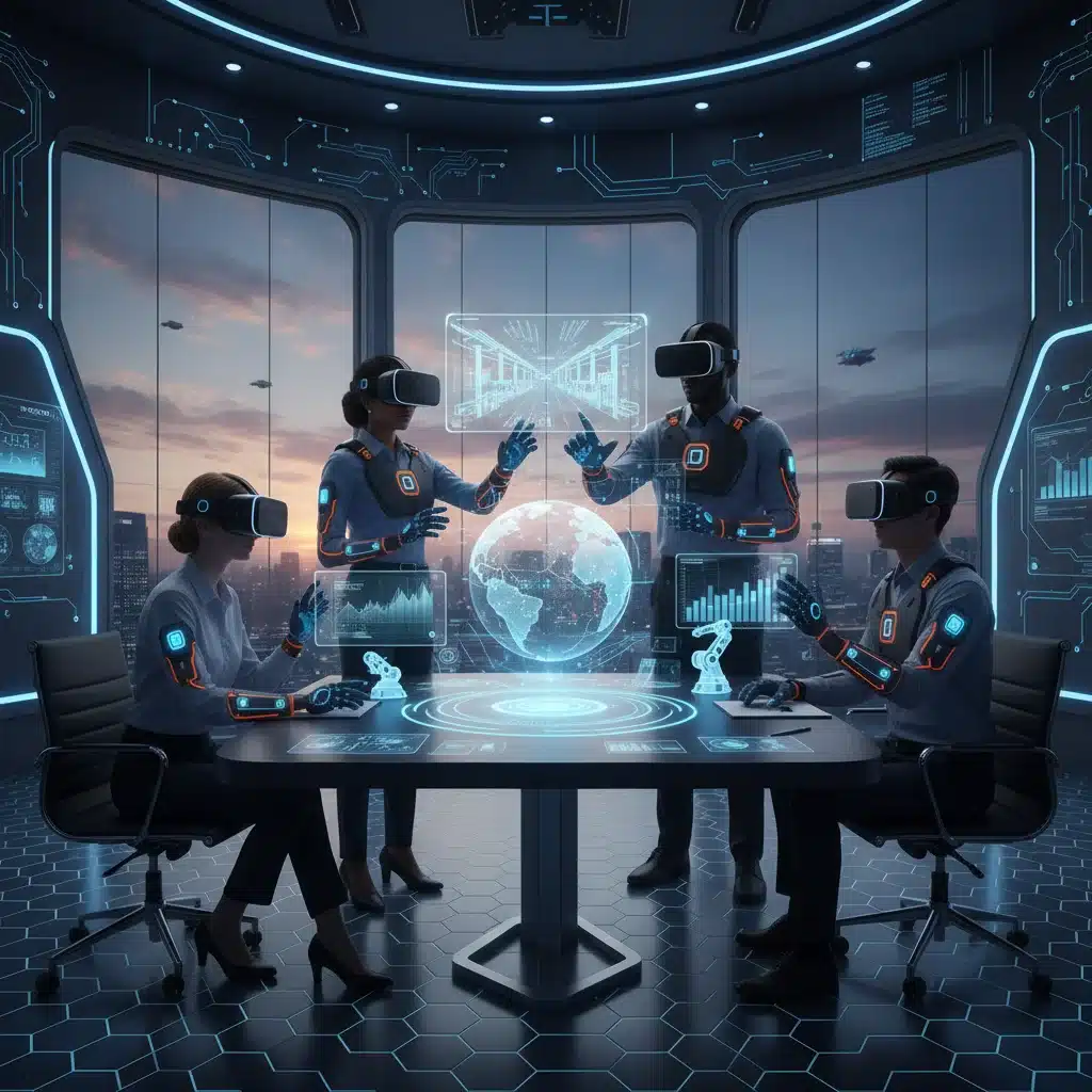 Professionals in VR meeting with haptic feedback