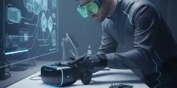 Technician performing maintenance on a VR headset in a clean lab setting.