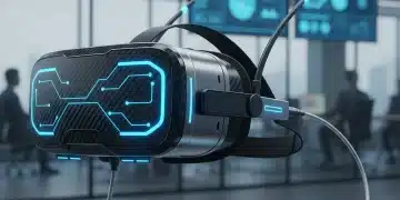Futuristic VR headset with extended battery pack for commercial use