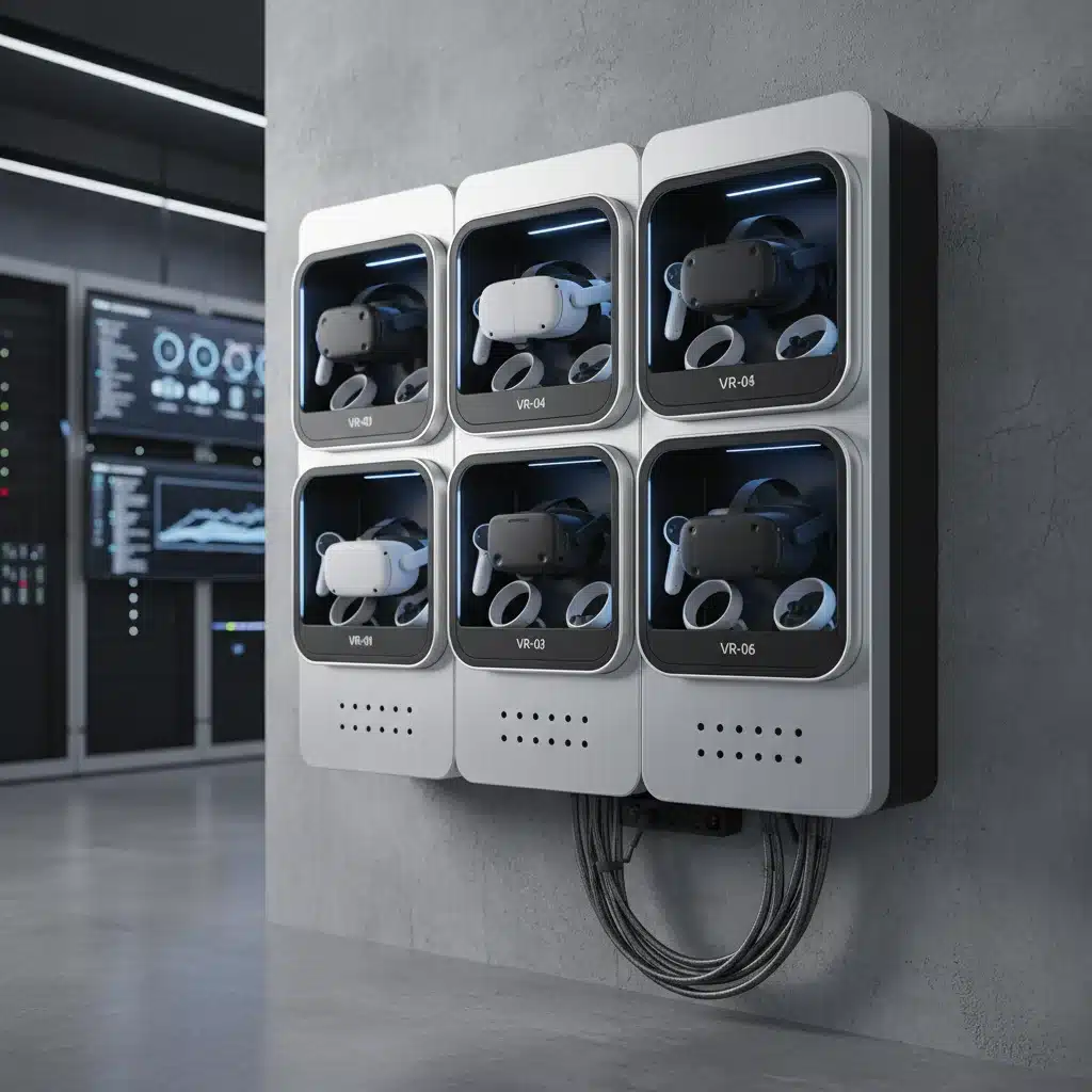 Organized VR headset charging and storage station for enterprise use.