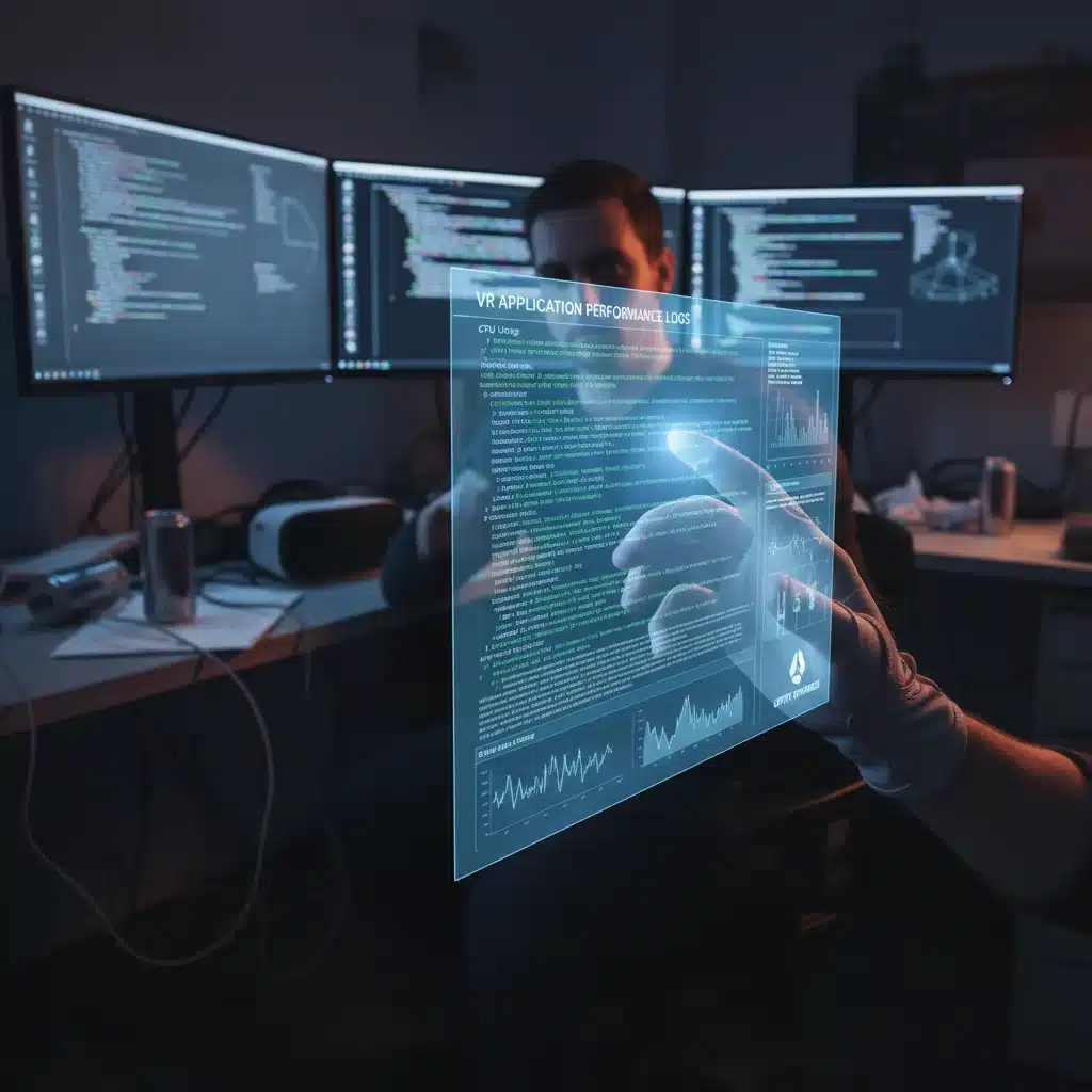 Developer optimizing VR application code and performance logs on a virtual dashboard.
