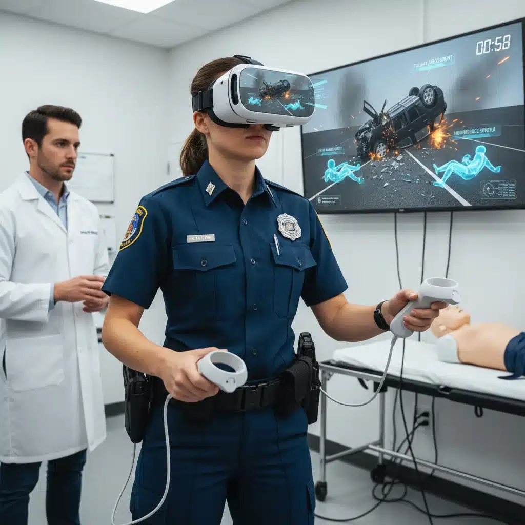 Paramedic training in a realistic virtual reality accident scene simulation.
