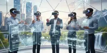 Professionals using VR headsets for remote collaboration in a virtual meeting space