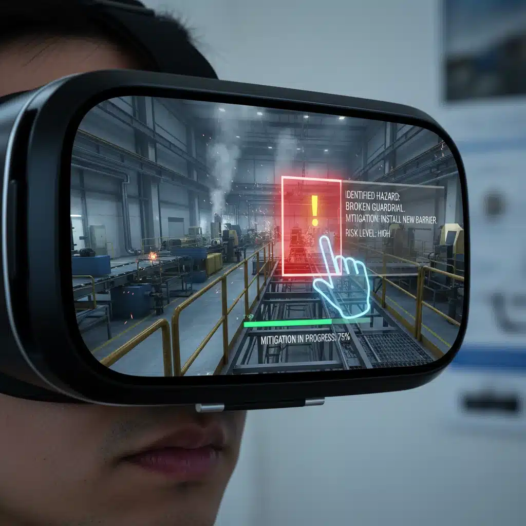 VR headset displaying industrial safety hazard identification training module.