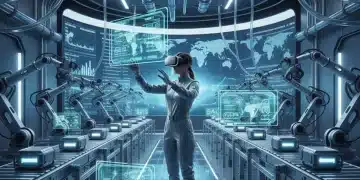 Supply chain manager using VR headset to optimize manufacturing logistics