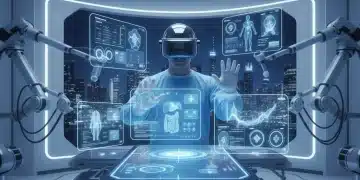 Surgeon using VR headset for medical training in a futuristic operating room.