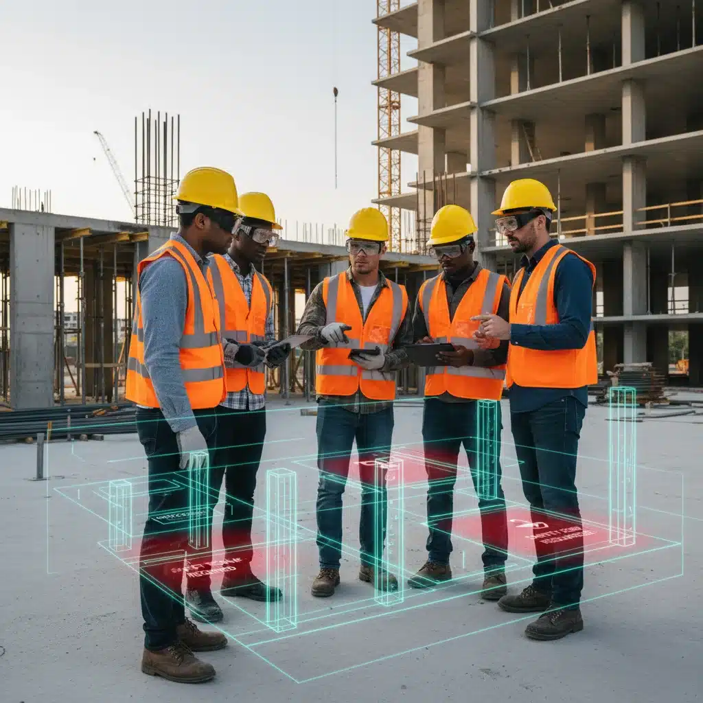 Construction workers reviewing AR projected blueprints on a building site for collaborative training.