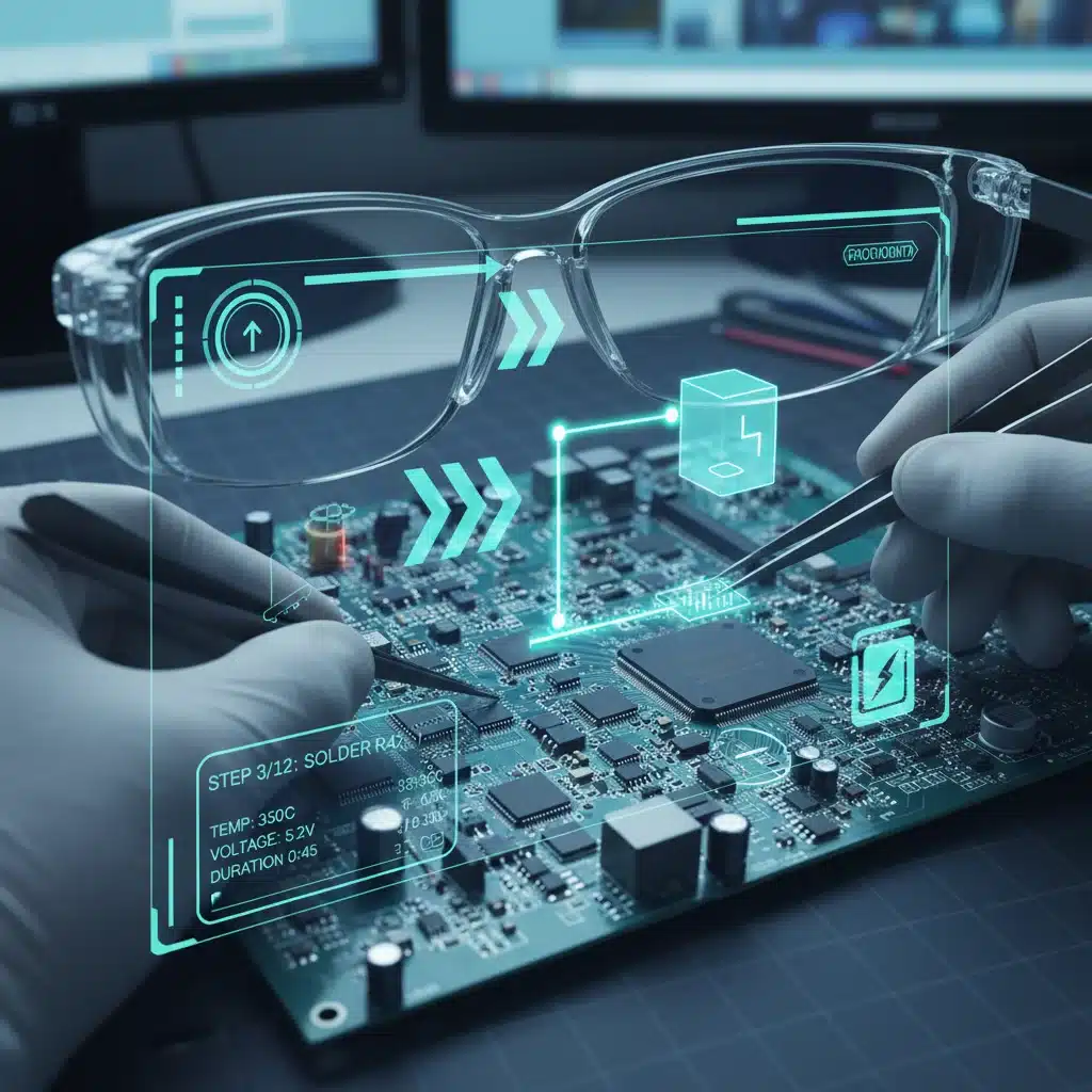 AR overlay guiding technician through complex assembly, improving precision and reducing errors.