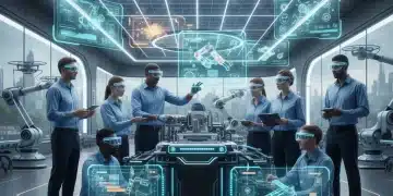 Industrial workers using augmented reality headsets for training on complex machinery in a modern factory.