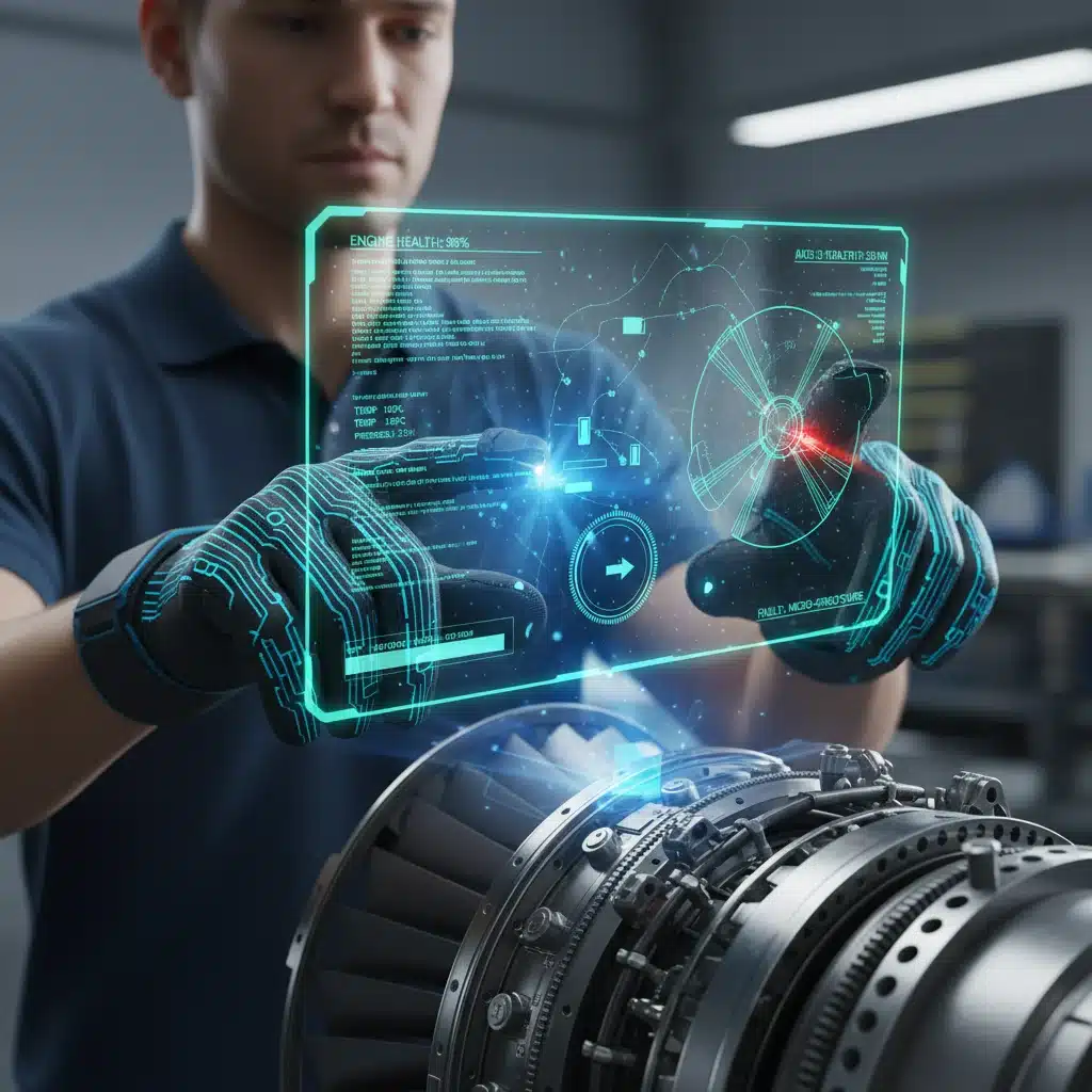 Technician hands interacting with holographic AR instructions over an engine for maintenance training.