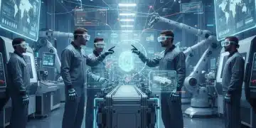 Workers using AR headsets on a modern manufacturing floor, enhancing operational efficiency and training.