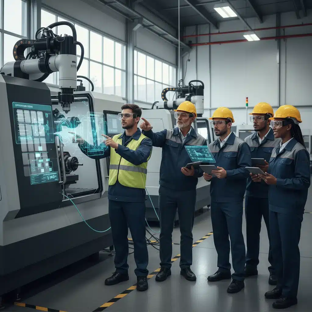Diverse manufacturing team learning new operations with AR glasses, fostering skill development.