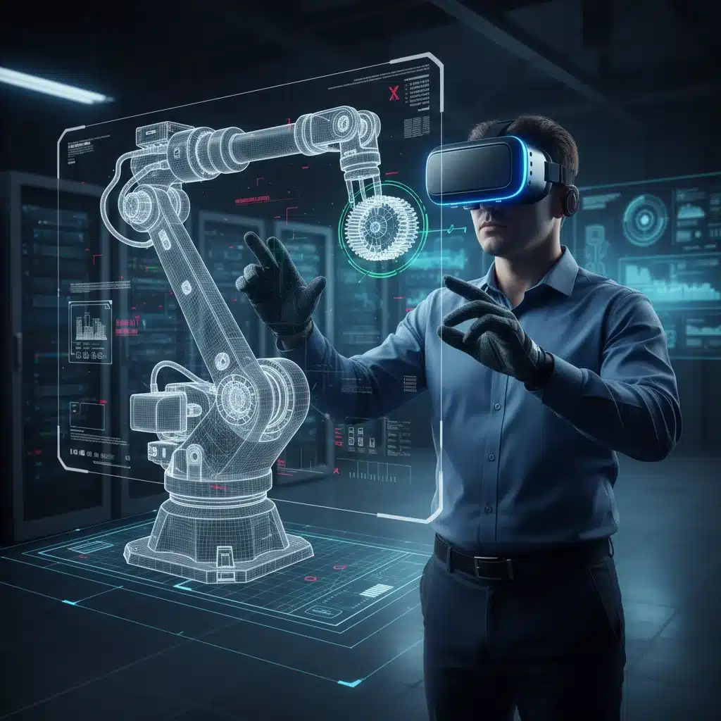 Engineer using VR headset for 3D model inspection and training.