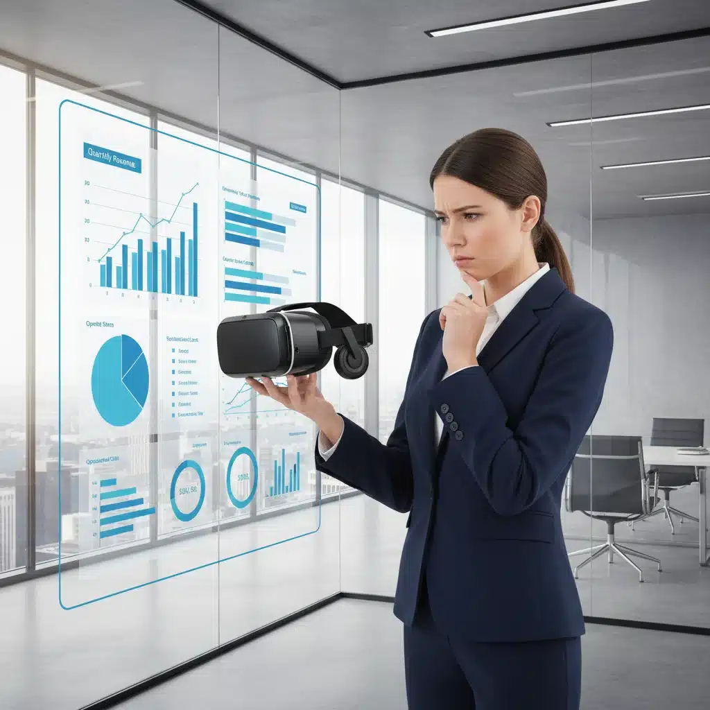 Executive contemplating VR adoption for strategic business decision-making, contrasting with traditional dashboards.