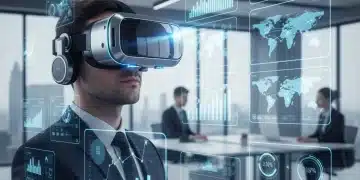 Futuristic VR headset on business professional in a modern office setting.