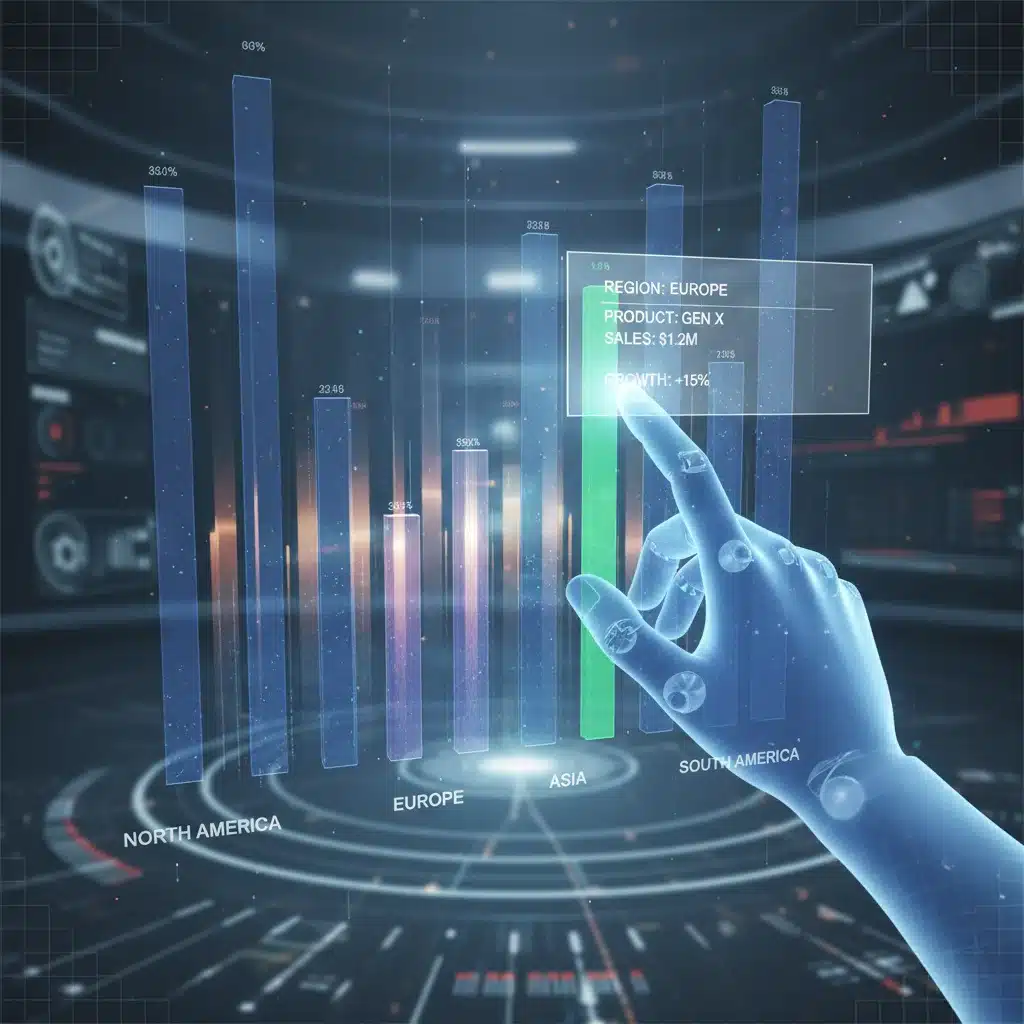 Immersive VR data visualization with interactive 3D charts and virtual hand interaction.