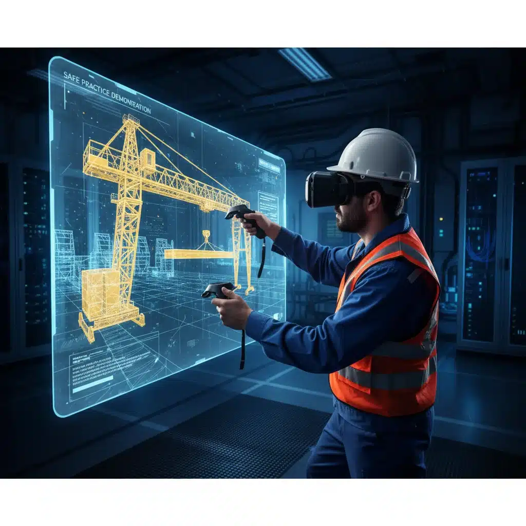 Industrial worker training with VR for heavy machinery operation.