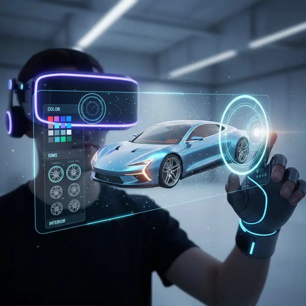 Interactive 3D product customization within a virtual reality environment, demonstrating immersive shopping.