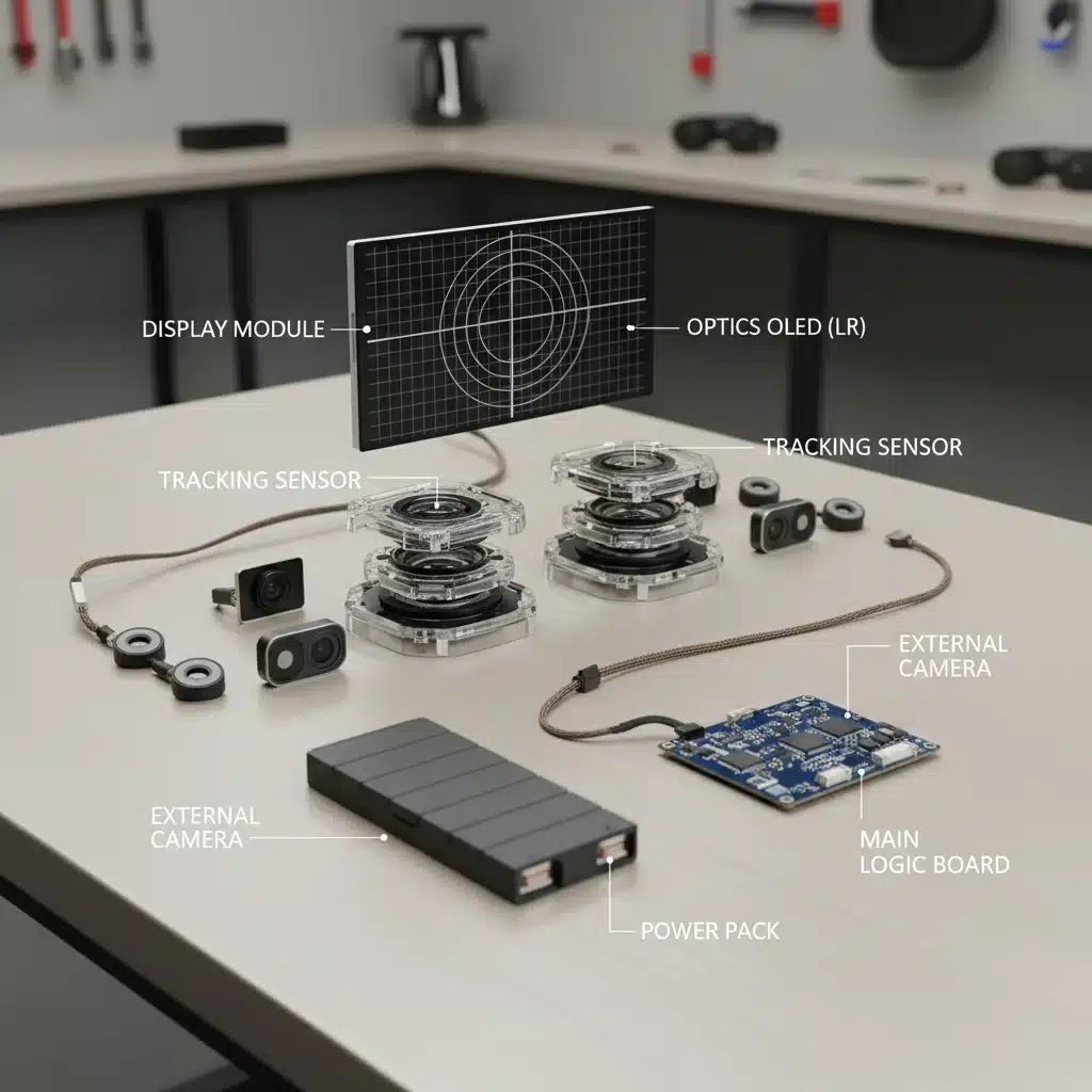 Modular VR headset components, emphasizing upgradeability and long-term hardware viability.