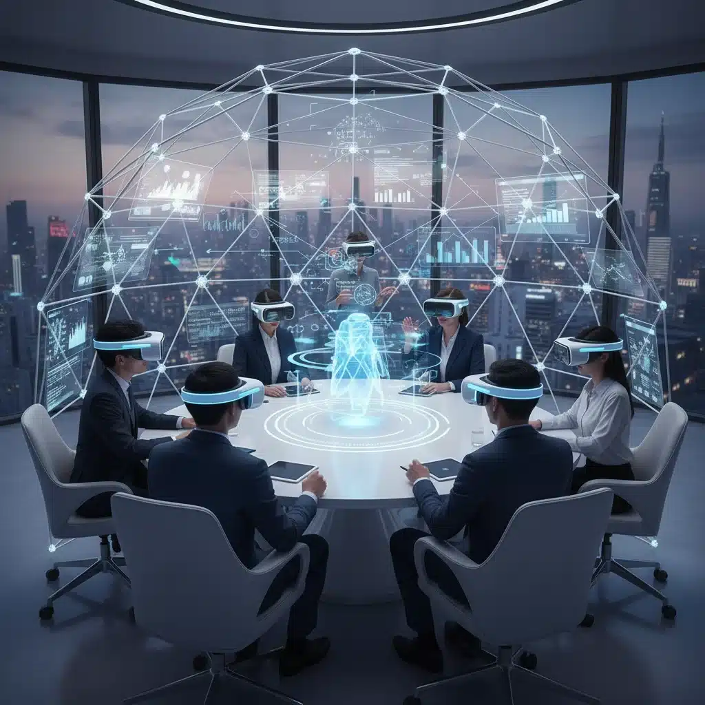 Diverse business team collaborating in a virtual reality meeting room.
