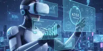 Futuristic user troubleshooting VR app performance with holographic data