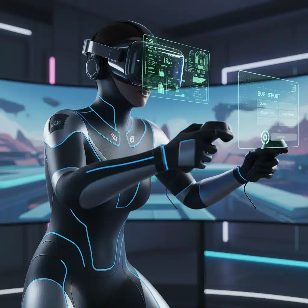 User testing VR application with real-time performance metrics.