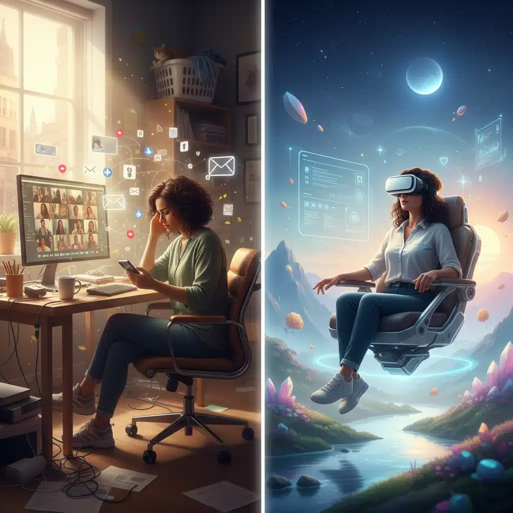 Remote worker transitioning from physical to virtual focused workspace