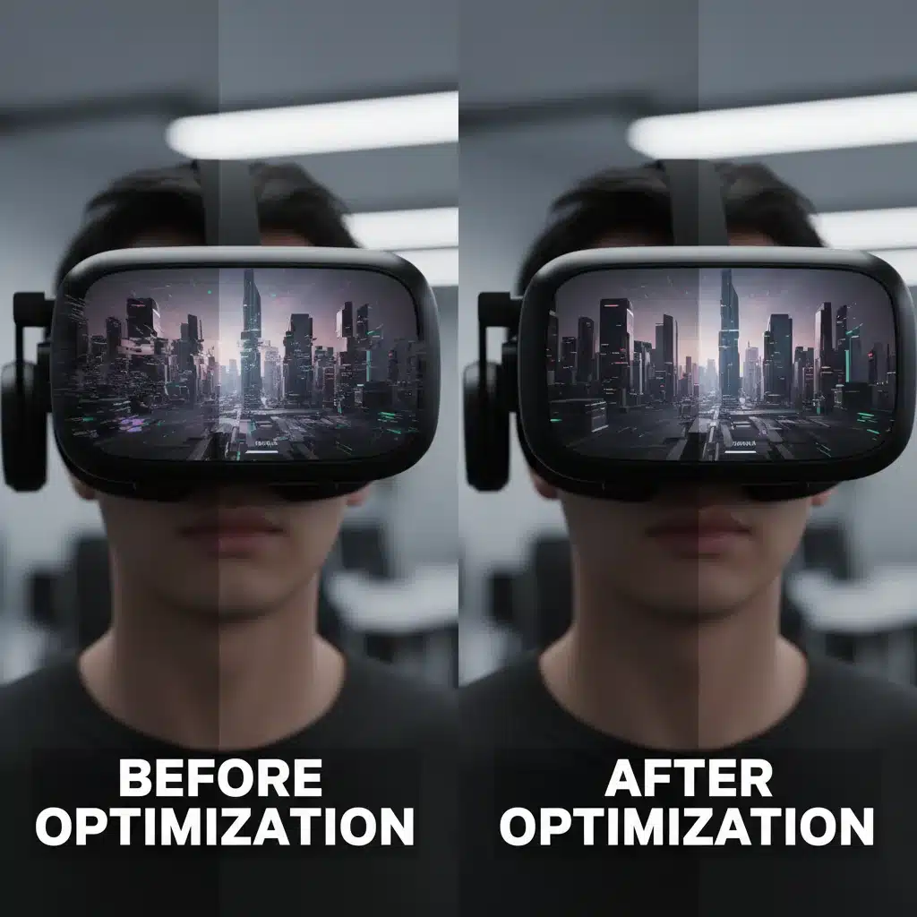VR headset displaying poor performance versus optimized performance