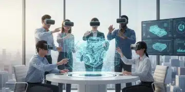 Engineers and designers using VR headsets to review a holographic product design, showcasing collaborative innovation.
