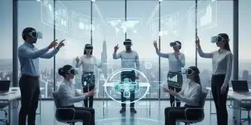 Remote workers collaborating in a futuristic VR office with holographic displays