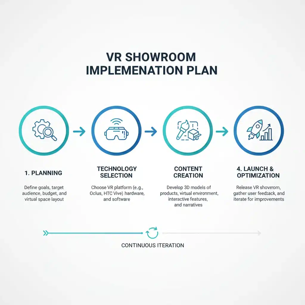 Infographic showing the step-by-step implementation process for setting up a virtual reality showroom.