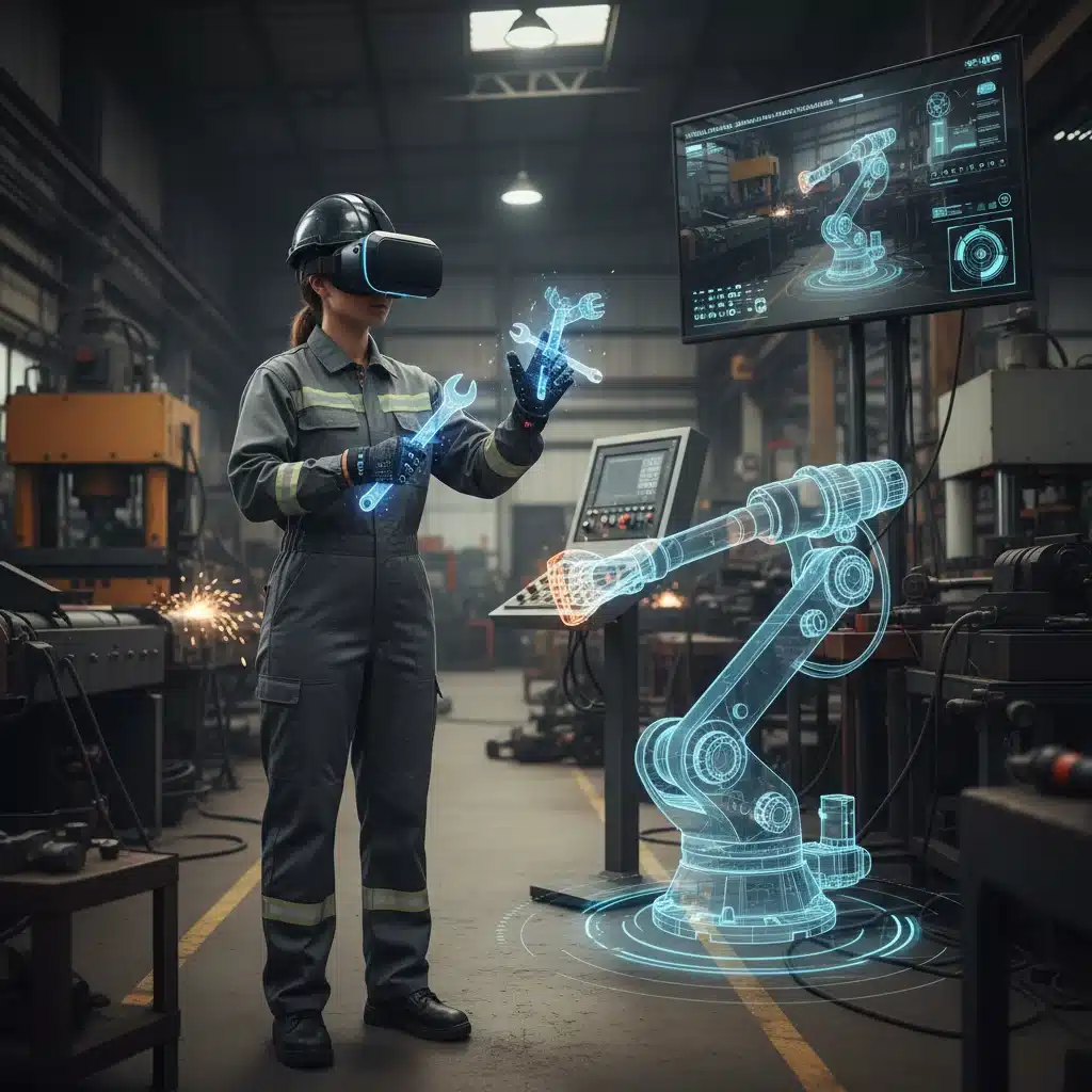 Employee practicing complex operational tasks in a virtual reality simulation, demonstrating hands-on VR training for practical skills.