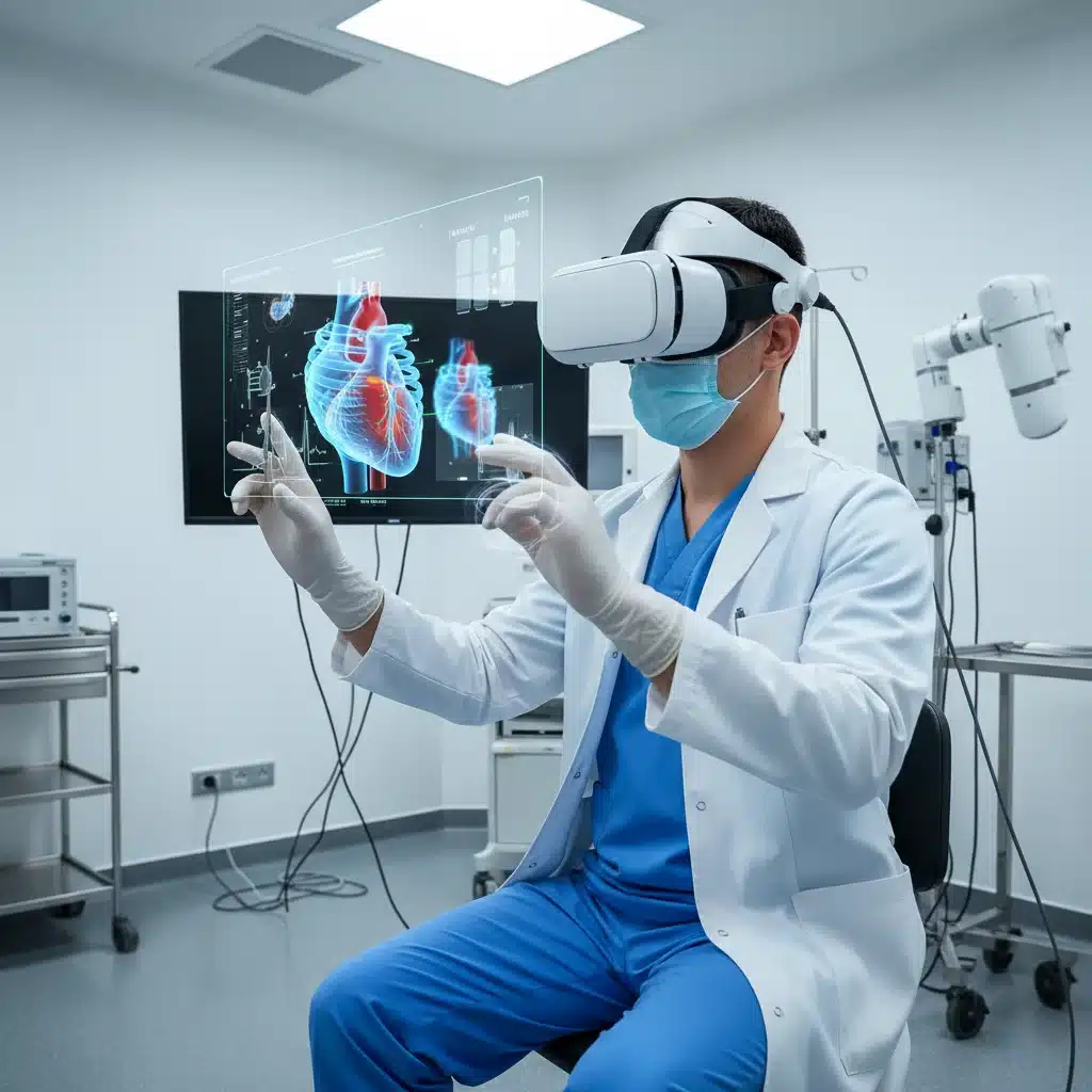 Surgeon performing virtual reality surgery simulation for training purposes.