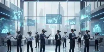 Business professionals using VR headsets for immersive training in a modern office setting, showcasing future of corporate learning.