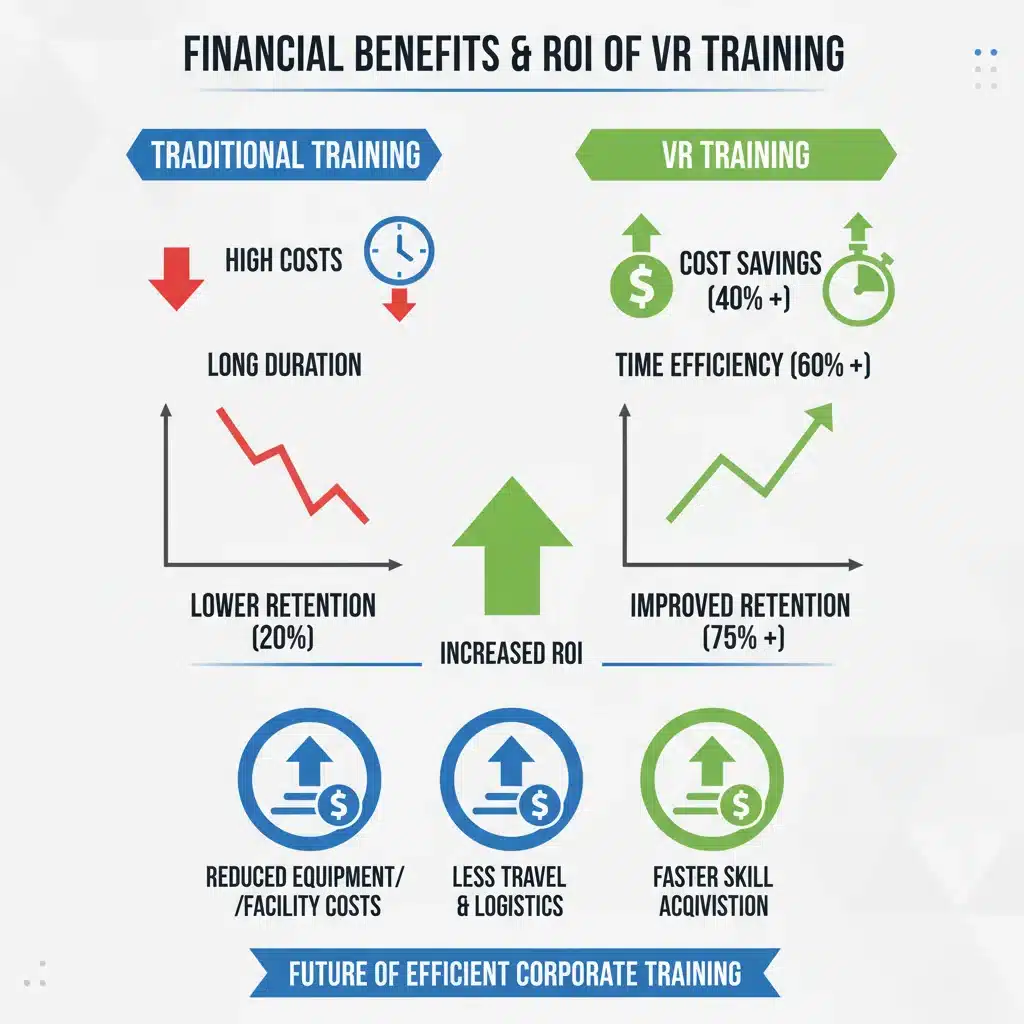 Infographic showing financial benefits and return on investment of VR training with cost savings and time efficiency metrics.