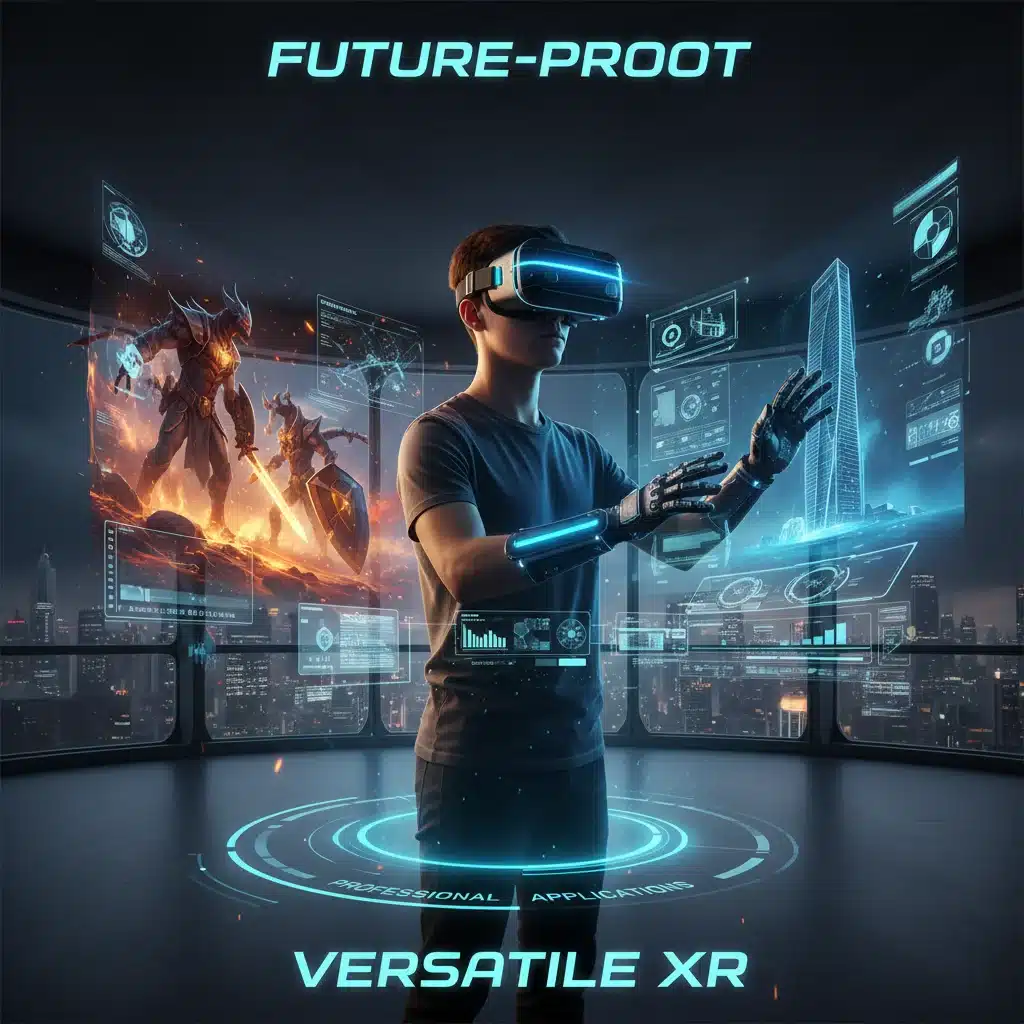 User immersed in virtual reality, showcasing diverse applications in gaming and professional fields.