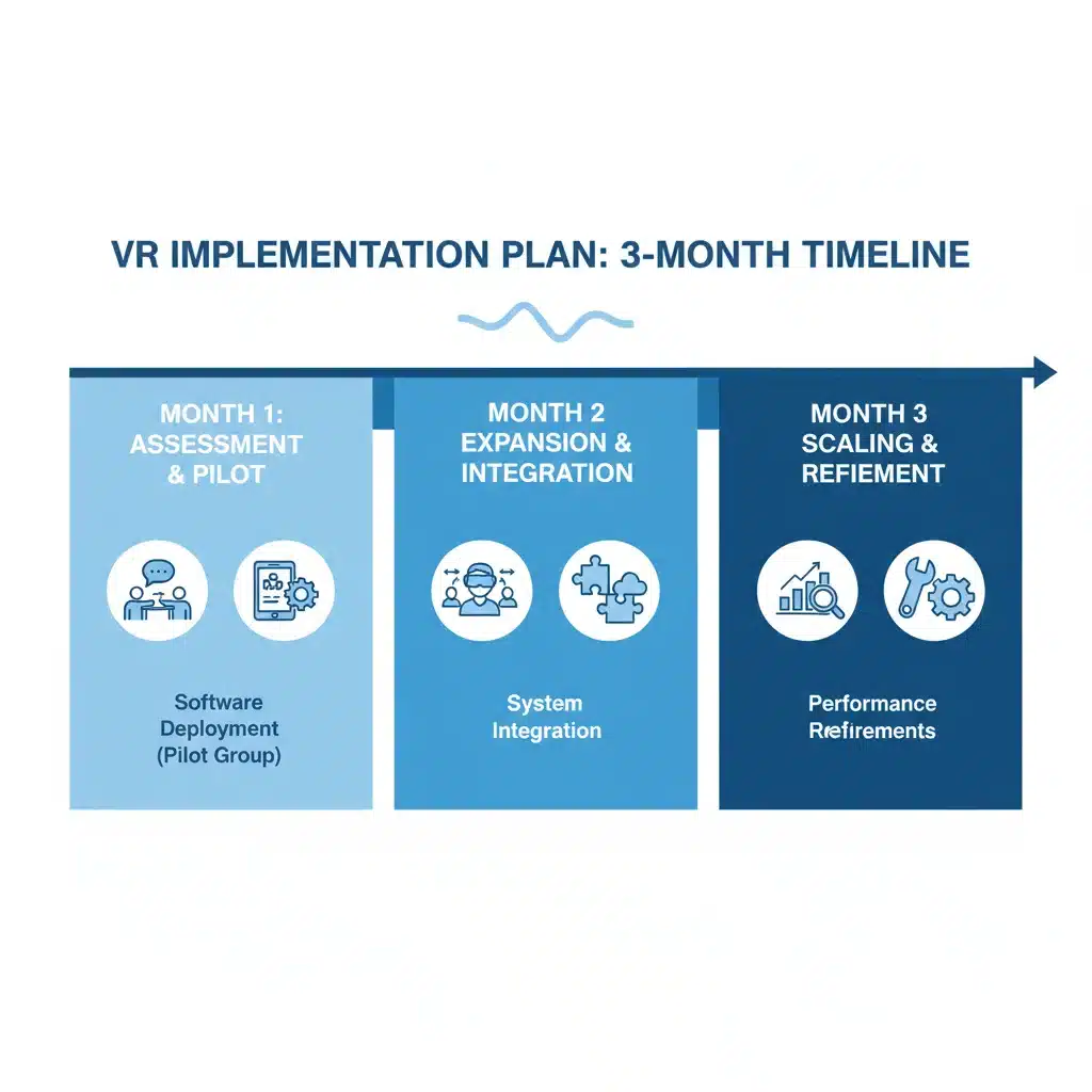 Infographic detailing a 3-month VR implementation timeline for supply chain logistics.