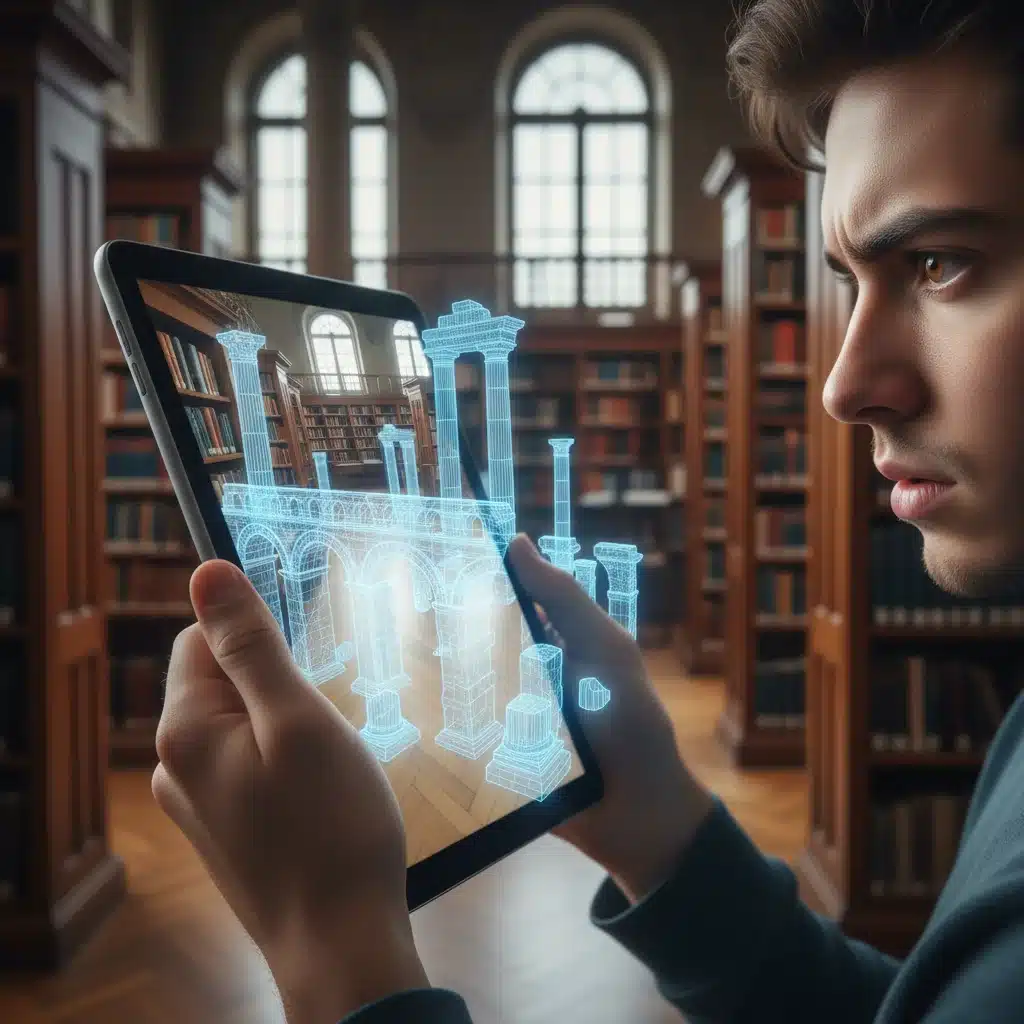 Student using tablet with augmented reality to explore historical sites virtually.