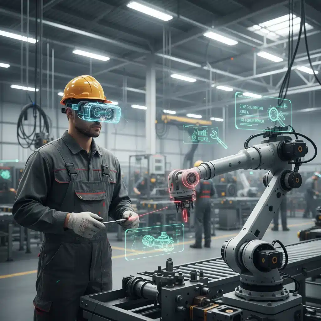 Factory worker using augmented reality headset for industrial maintenance and guidance.