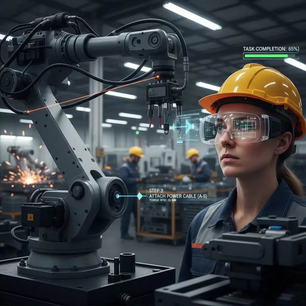 Factory worker using augmented reality headset for real-time instructions and information on machinery, improving efficiency and training.