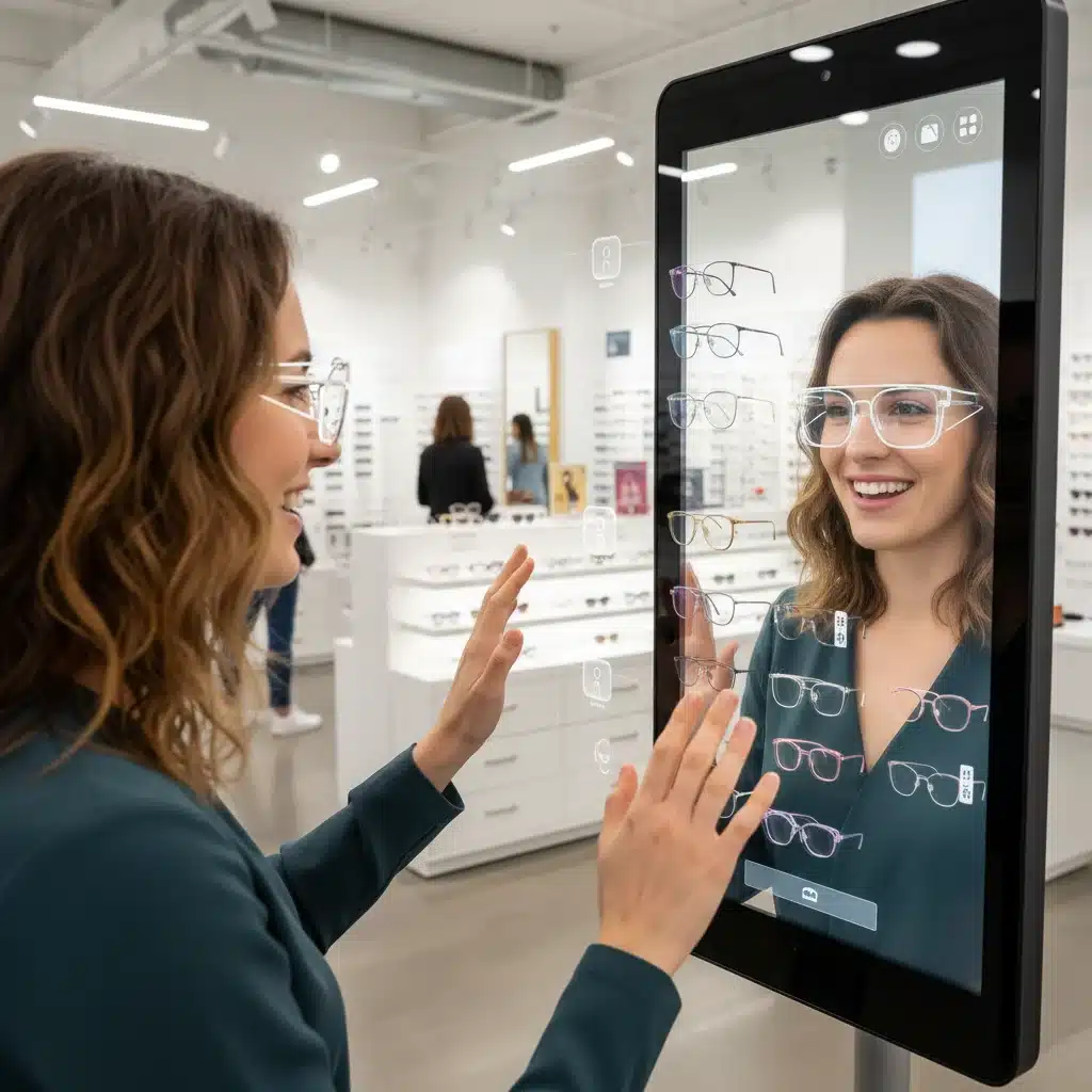Customer engaging with augmented reality mirror to virtually try on products in a retail store, enhancing shopping experience.