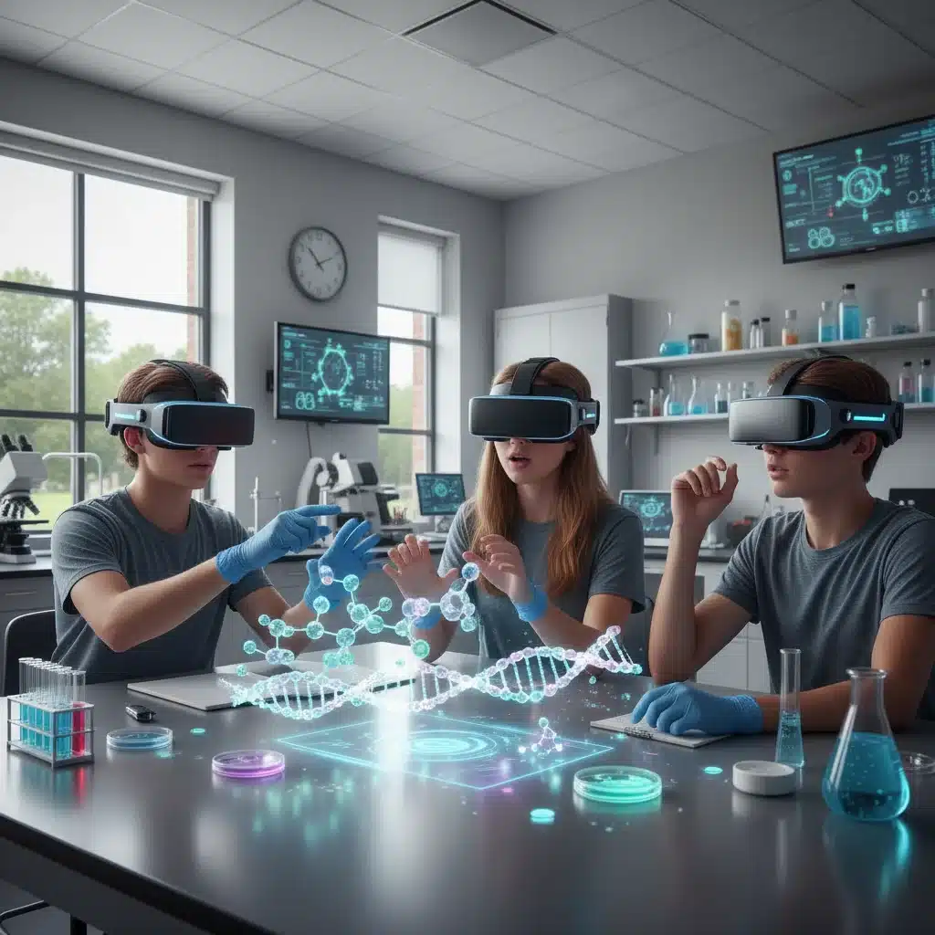High school students collaborating on a science project using AR headsets to visualize molecular structures.