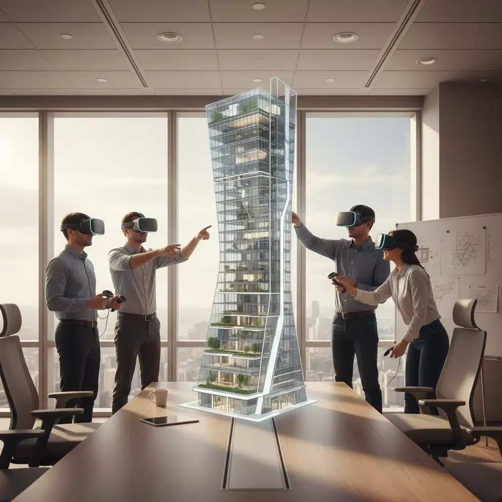 Collaborative VR architectural review session with multiple participants in virtual space.
