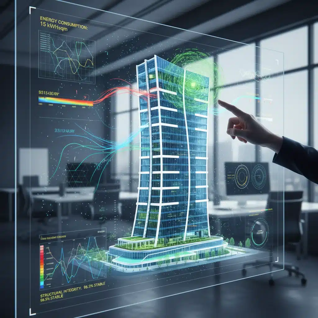 Detailed 3D architectural model with data overlays for energy efficiency and structural analysis.